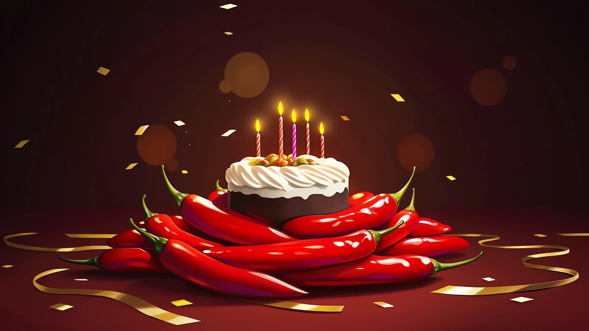 A birthday cake nestled in a pile of red chili peppers